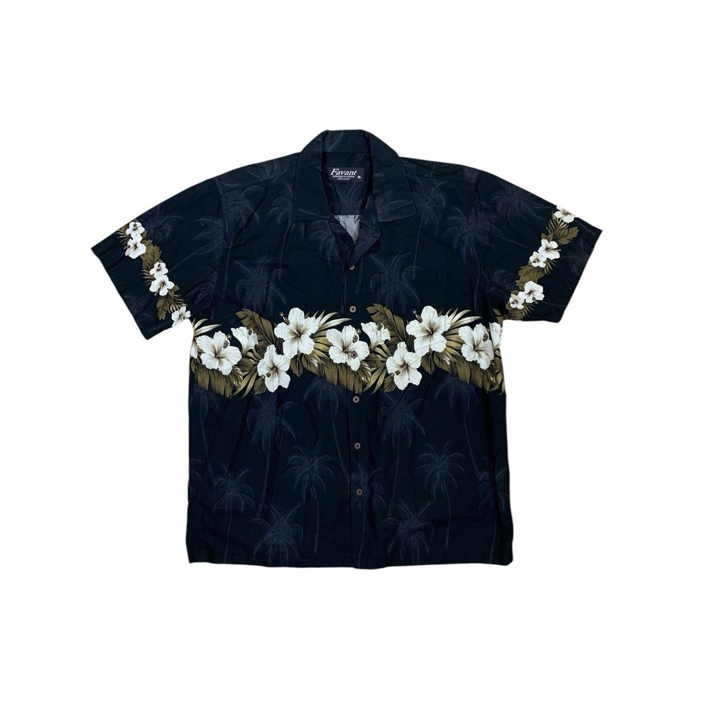 Favant Hawaiian Shirt Black Floral Hibiscus Tropical Button Up Camp XL